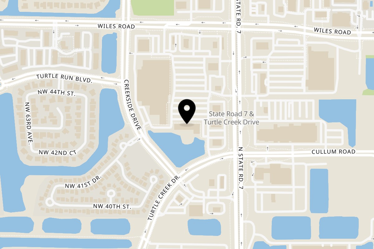 Map showing the location of Falafel Gourmet on 4344 N State Rd 7 in Coral Springs